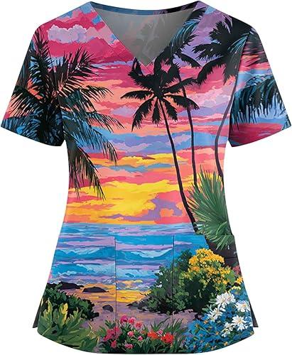 Women's Hawaiian Print Scrub Top Plus Size V Neck Short Sleeve Nurse Scrubs with Pocket Fun Nursing & Medical Uniform