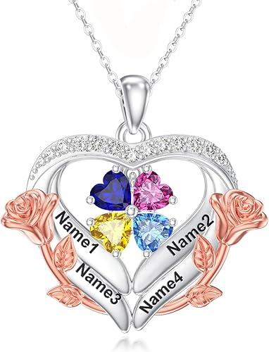 10K 14K 18K Gold Personalized Name Necklace with 1-5 Birthstones - Custom Mother's Names Necklace,Rose Heart Birthstone Necklace Jewelry Gift for Women Mom