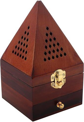 Garneck Vintage Wooden Incense Box with Hollow Pyramid Design, Cone Incense Burner and Drawer, Chinese Style Tabletop Censer for Home Fragrance and Meditation Use