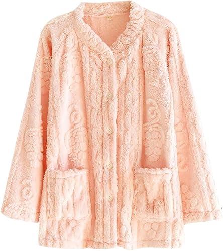 Oplxuo Plush Bed Jackets for Elderly Women Cozy Fuzzy Fleece Pajama Tops Button Up Sleepwear Long Sleeve Coats with Pockets