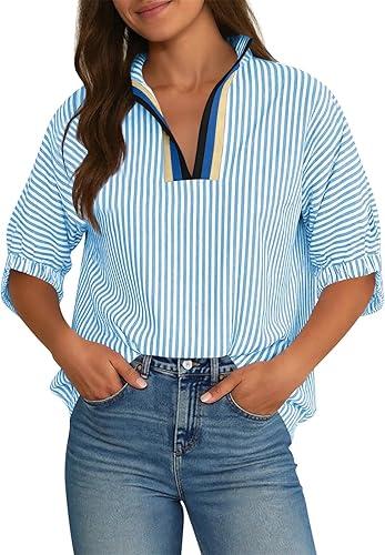 Womens Striped Blouses V Neck Oversized Dolman Sleeve Tops Summer Casual Loose Fit Collared Shirts