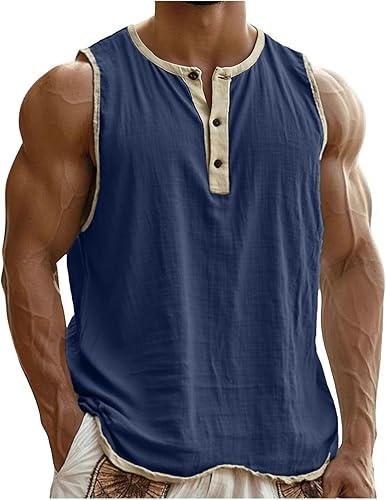 Henley Tank Tops Men Cotton Linen Sleeveless T-Shirts Summer Workout Gym Undershirts Sports Basic Tees Color Block Shirts