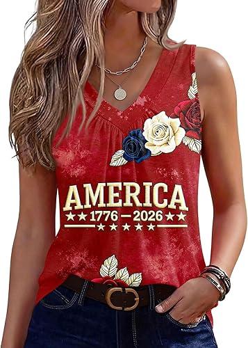 America Anniversay Tank Top Womens Sleeveless Shirts Letter Printed Celebrate Memorial Day 1776-2026 tee, S-2XL