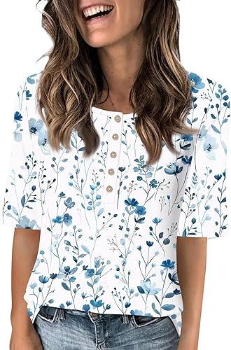 Elbow Sleeve Tops Women Trendy 2025 Summer Ruond Neck Button Blouse Casual Half Sleeve Tops Womens Basic Tee Shirts