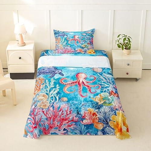Erosebridal Ocean Seaworld Bed Sheets Twin Octopus Turtle Coral Bedding Set for Kids Boys Girls Marine Life Flat Fitted Sheet with Pockets Seashell Underwater World Sheets 3 Pcs with 1 Pillow Case