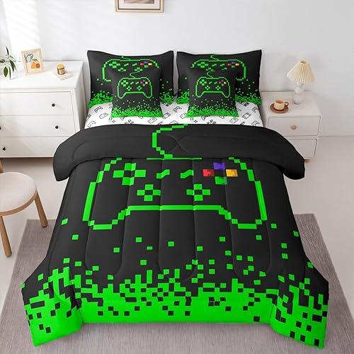 Castle Fairy Video Games 7 Piece Comforter & Sheet Sets Queen Size,Miner Pixel Games Bedding Set Neon Green Block Building Bed in a Bag Modern Black Flat & Fitted Sheets,4 Pillow Covers