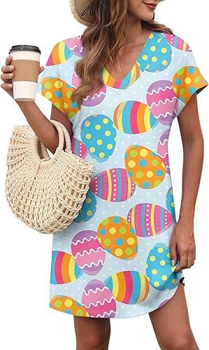 Womens Easter Summer Dresses Short Sleeve Eggs Bunny Printed Sundress V Neck Sexy Floral Beach Dress with Pockets