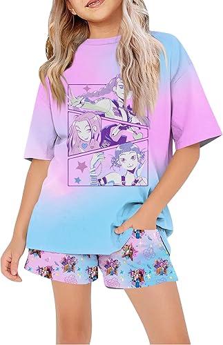Kpop Themed Girls Outfit Set 2 Piece Tie Dye T-Shirt and Shorts with Demon Design for Birthday Parties