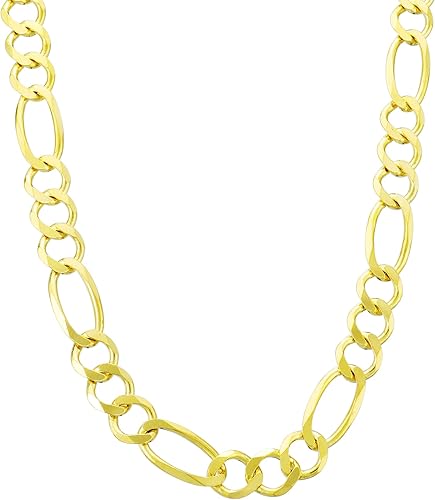 Nuragold 10k Real Yellow Gold Figaro Link 7mm Chain Necklace (16"-30") Italian Jewelry for Men & Women