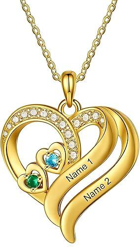 10K/14K/18K Gold Personalized Heart Name Birthstone Necklace for Women with 1-6 Birthstones Engraved Names Custom Mother Necklace Jewelry Gift for Mom Wife