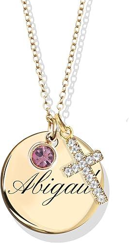 MignonandMignon Cross Necklace for Women Personalized with Name Birthstone | Baptism First Communion Confirmation Gift | Christian Jewelry Gift for Mom Grandma Mothers Day