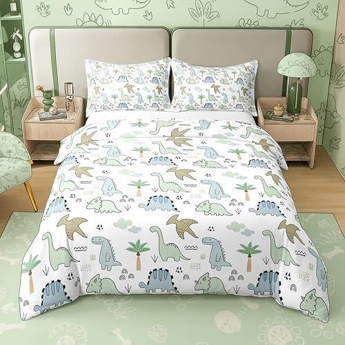 Castle Fairy 100% Nature Cotton Kids Dinosaur Duvet Cover Set (No Comforter) Cute Cartoon Dino Animal Comforter Cover Set Twin Size with 1 Pillowcase Watercolor Cloud Jungle Trees Bedding Set
