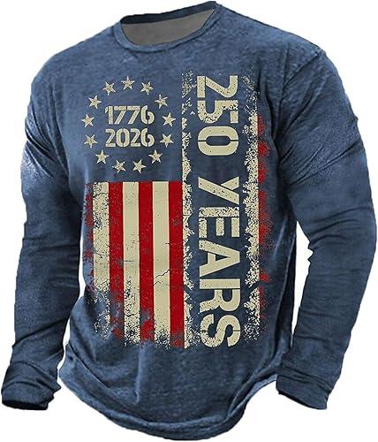 Men's 250 Years Print Long Sleeve Crewneck Tops United States 250Th Anniversary Freedom Shirt for Men, S-3XL