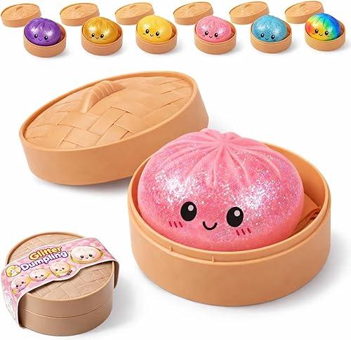 Glitter Dumpling Squishy, Squishy Dumpling Toy, Viral Dumplings Squishiest with Steamer Box, Stress & Anxiety Relief Toys for Adults Non-Edible (Pink)