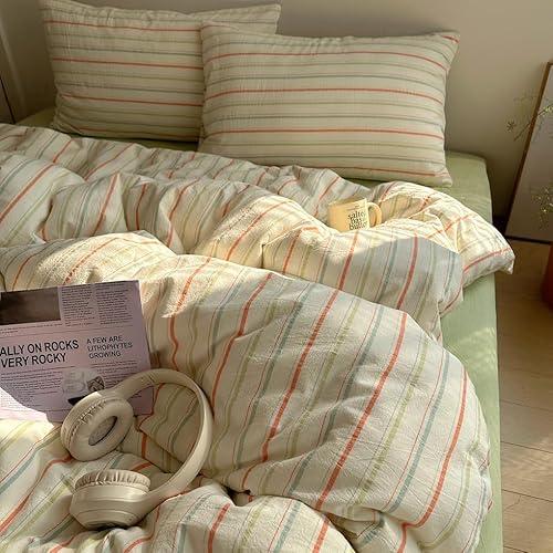 EAVD Retro Striped Duvet Cover Set Queen Size 100% Cotton Vintage 3-Pieces Stripes Bedding Set with 2 Pillowcases Farmhouse Geometric Comforter Cover with Zipper Closure(Orange&Blue&Green, Queen)