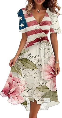 Women's Chiffon Elegant V Neck 250 Anniversary USA Dress Wedding Guest Patriotic Swing Lond Sundress, S-2Xl