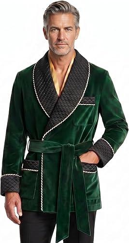 Men's Short Velvet Smoking Jacket Shawl Lapel Smoking Robe Wedding Dinner Party Blazer Coat with Belt