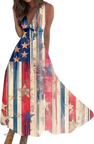 Women's Sleeveless A-Line Dresses V Neck Patriotic USA Flag Star Graphic Independence Day Freedom Maxi Dress, S-2XL