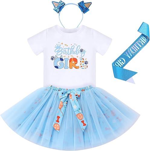 IBTOM CASTLE Birthday Girl Outfit T-shirt Tutu Dress Satin Sash Ears Headband 4pcs Set for Cake Smash Photoshoot
