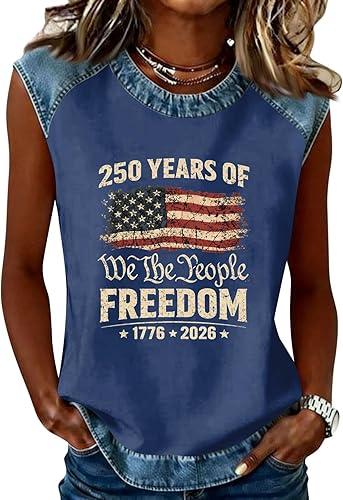 250 Anniversary USA Shirt Women | 1776-2026 Patriotic Denim Trim Sleeveless Top America Flag Graphic Tee Shirt