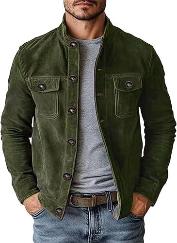 JOFOW Faux Suede Jackets for Men Casual Trendy Button Down Stand Collar Spring Cowboy Coats