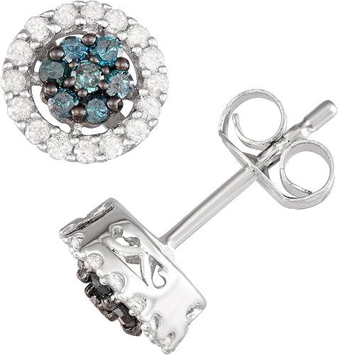 Sterling Silver White and Black/Blue Diamond Halo Stud Earrings for Women