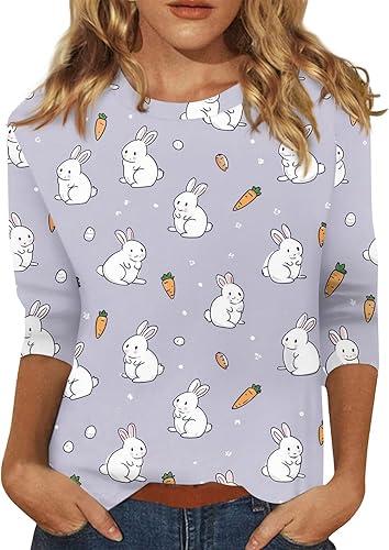 Happy Easter Bunny Shirt for Women 3/4 Sleeve Casual Funny Rabbit Colored Eggs Graphic Cute Holiday T-Shirt