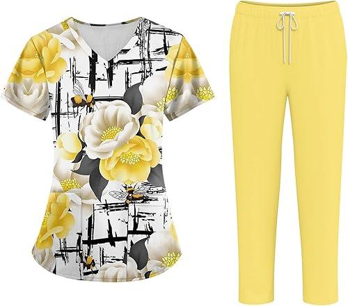 Scrubs For Women Set - Stretch V-Neck Print Pocket Top & Drawstring Jogger Pant Medical Scrubs Nurse Uniforms Set