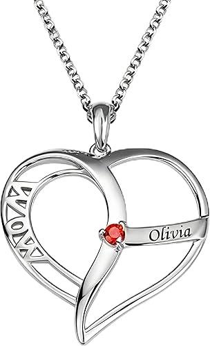 10K 14K 18K Gold Personalized Heart Name Necklaces for Women with 1-6 Birthstones Custom Engraved Names Mother Pendant Christmas Birthday Gifts for Her