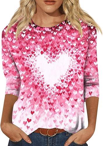 3/4 Length Sleeve Womens Tops V Neck Valentine T Shirts Love Heart Printed Graphic Tee Tops