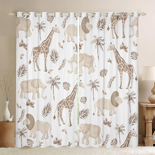 Feelyou Jungle Animals Window Curtains for Bedroom Elephant Lion Giraffe Animal Blackout Darkening Drapes Kids Boys Hunter Brown Rust Wildlife African Safari Window Treatments, 2 Panels 42 x 84 Inch