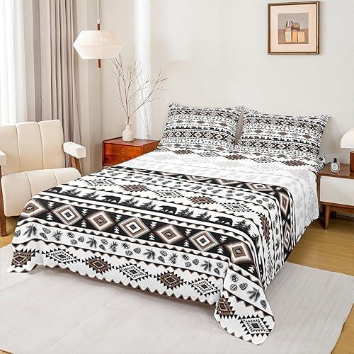 Geometric Brown Striped Bed Sheet Queen Size 4 Pcs,Bear Plant Exotic Boho Abstract Art Sheets,Western Aztec Print Bedding Sets (1 Fitted,1 Flat,2 Pillowcases) Luxury Deep Pocket Bed Sheets