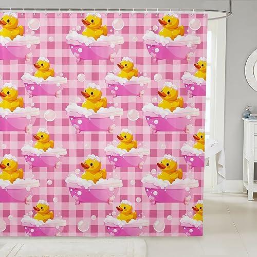 Erosebridal Girls Pink Plaid Shower Curtain Kids Cute Yellow Duck Bath Curtain Cartoon Ducks Bathroom Accessories Farmhouse Pet Animal Fabric Shower Curtains,72" Wx78 L