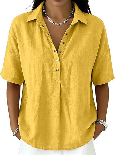 Cotton Linen Tops for Women 2026 Summer Clothes Half Sleeve V Neck Henley Shirt Button Down Dressy Casual Blouses