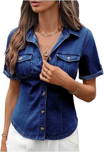 Oplxuo Womens Denim Shirt Short Sleeve Button Down Jean Tops Roll Up Sleeve Collared Trendy Jean Shackets with Pockets