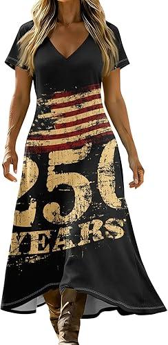 4Th of July Dress Formal Women's Beach Patchwork Party Dresses USA Years Anniversary Maxi Flowy Dresses,