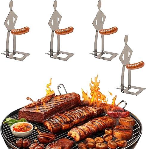 4 PCS Funny Hot Dog Sausage Stand Holder Standing Man Sausage Barbecue Rack Reusable Stainless Steel Hotdog and Sausage Stand for Barbecue, Camping, Spring Trip