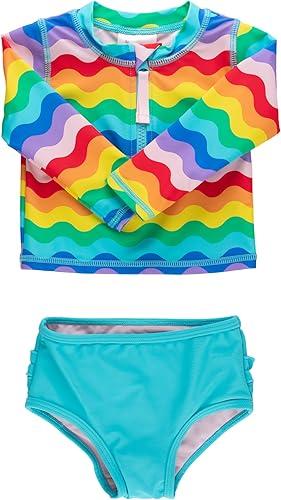 RuffleButts® Baby/Toddler Girls Long Sleeve Rash Guard 2 Piece Swimsuit Set w/UPF 50+ Sun Protection with Zipper
