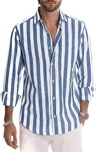Men's Hawaiian Striped Shirts Button Down Long Sleeve Vintage Casual Shirt, M-3XL