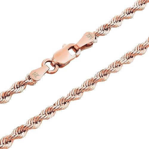 Nuragold 14k Real Rose Gold 2.5mm Rope Chain Diamond Cut Necklace (16"-30") Italian Jewelry for Men & Women
