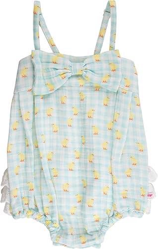 RuffleButts Baby Girls Bow Front Bubble Woven Romper