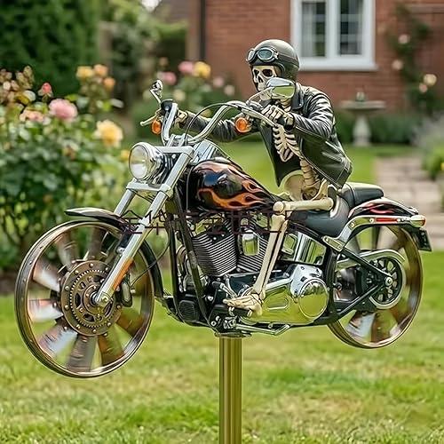 Flame Skull Motorcycle Wind Spinner, Rotating Wheels Windmill Stake with Metallic Paint, Weather Resistant Resin Garden Sculpture, Unique Outdoor Decor Ornament Gift for Biker Lovers and Halloween