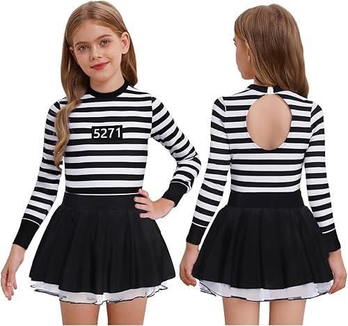 ACSUSS Kids Girls Figure Skating Long Sleeve Black & White Striped Tutu Dance Leotard Dress Prisoner Costume