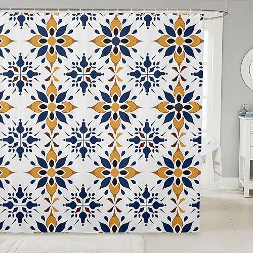 Erosebridal Mexican Style Bathroom Decor,Talavera Tile Ethnic Shower Curtain Set for Kids Adults,Colorful Boho Floral Bathroom Set 72 x 78 Inch,Navy Blue Orange Geometric Fabric Shower Curtain