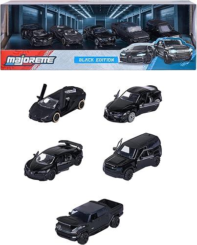 Majorette Giftpack Black Cars, Set of 5 vehicles in Black Edition (Bugatti, Lamborghini, Toyota, etc.), Metal Scale 1:64 (7.5 cm), with Blister Window, from 3 years (8502005000)
