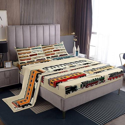 Feelyou Vintage Train Bed Sheets Set Twin Size Steam Trains Bed Set for Kids Boys Girls Locomotives Rail Deep Pocket Fitted Sheet Transport Breathable Soft Lightweight Microfiber