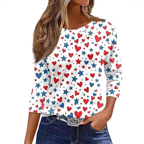 Patriotic Golf Shirts for Women 3/4 Sleeve Tops Crew Neck Shirts Memorial Day USA Blouse, S-3Xl