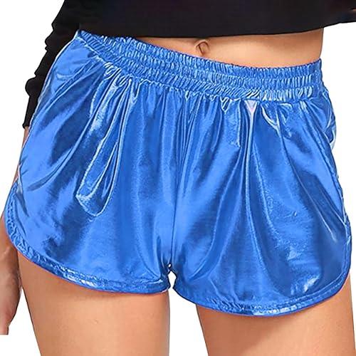 JOFOW Metallic Shorts for Women Elastic Waist Summer Shorts Sparkly Shiny Loose Solid Disco Short