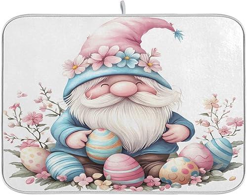 Pink Easter Gnome Egg Dish Drying Mat for Kitchen Counter Absorbent Microfiber Large Red Xmas Drying Pad Dish Mats for Kitchen Countertops 18 x 24 Inch