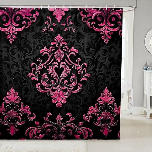 Erosebridal Black Hot Pink Gothic Bathroom Accessories 72" Wx72 L,Vintage Boho Damask Floral Bathroom Curtain,Exotic Goth Shower Curtain for Girls Women Victorian Baroque Flower Shower Decor